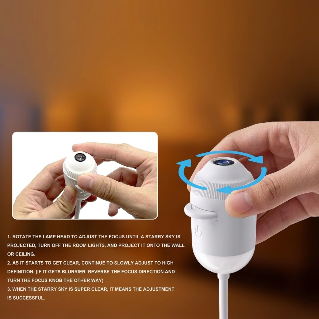 Full product information image showing how to rotate and focus the projector lens