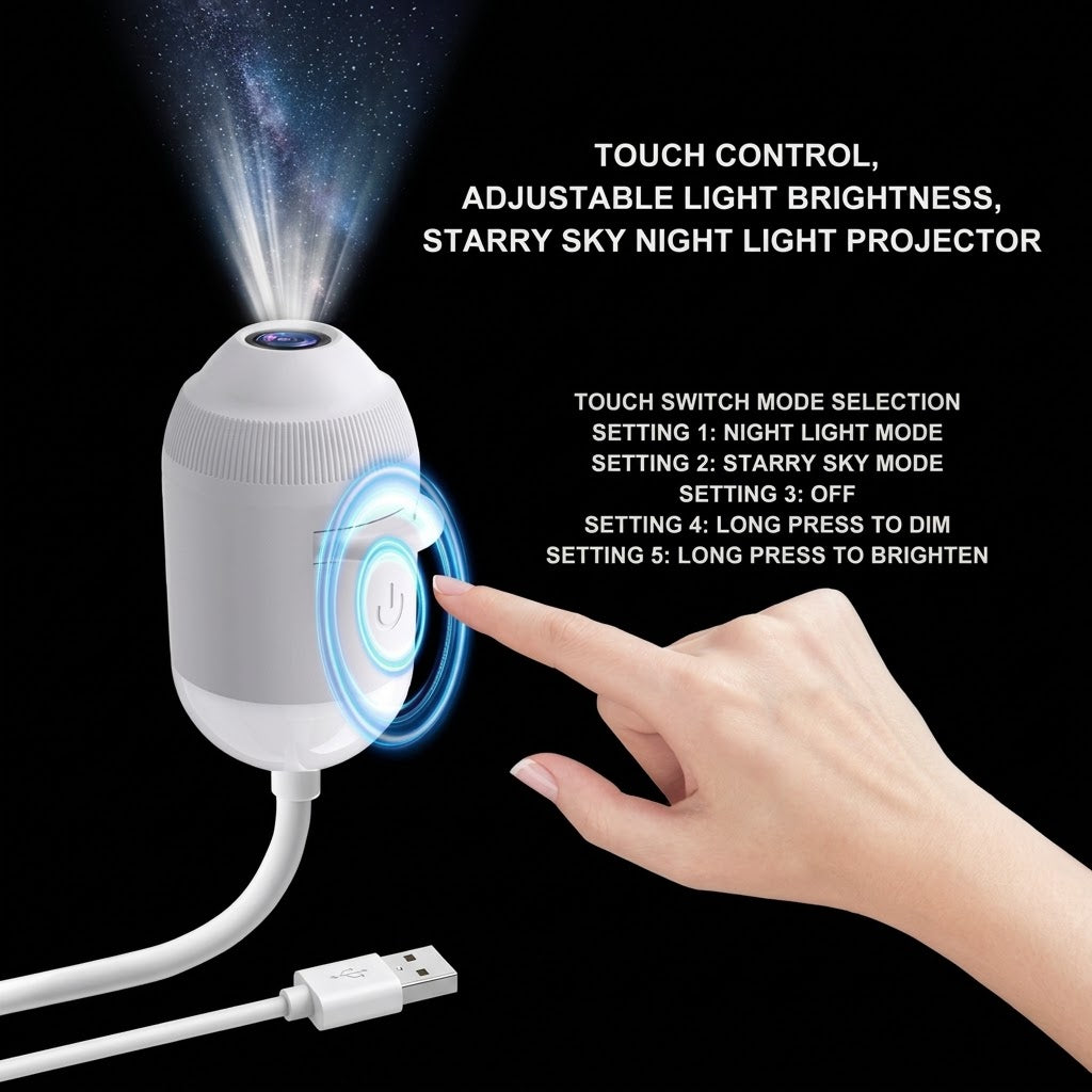 Full product information image showing the projector's touch control
